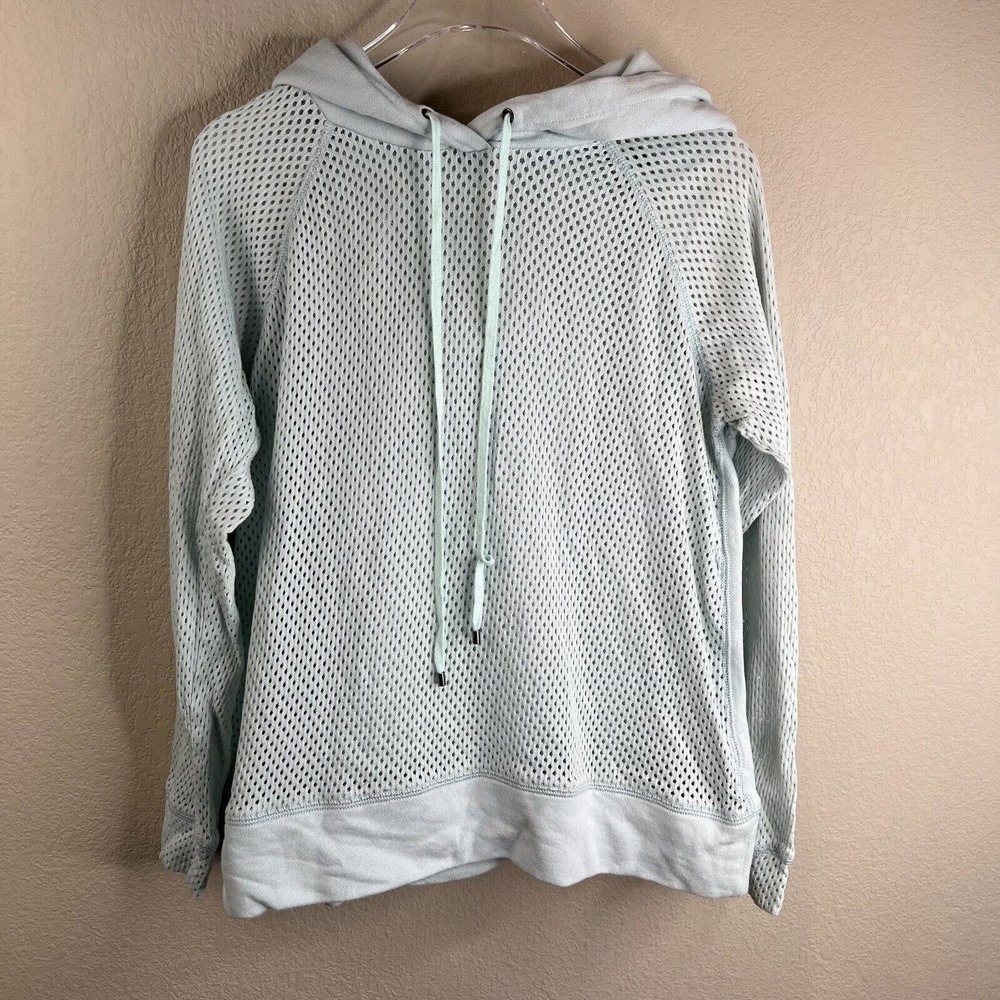 Rebecca Taylor Womens Hoodie Mesh Pullover Size L Light Blue Drawstring